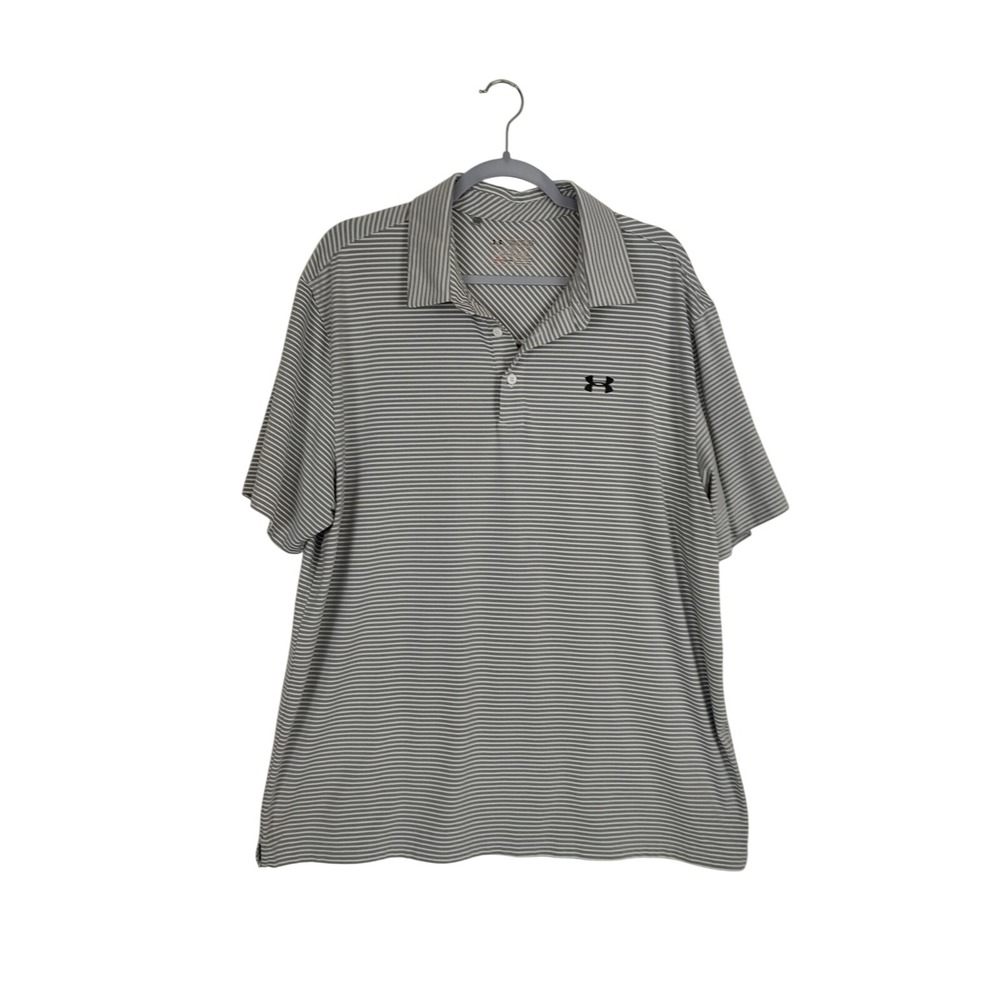 Under Armour Mens 2XL HeatGear Striped Polo Shirt Grey White Loose Fit 714